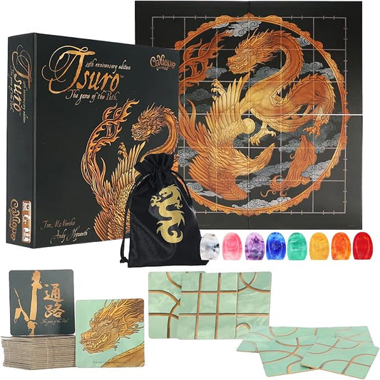 Tsuro 20th Anniversary Edition, Award Winning Tile Laying Strategy Game | Enhanced Path Tiles, 8 Upgraded Dragon Pawns, Exclusive Storage Bag, 15 - 30 Minutes, For 2-8 Players Ages 8+