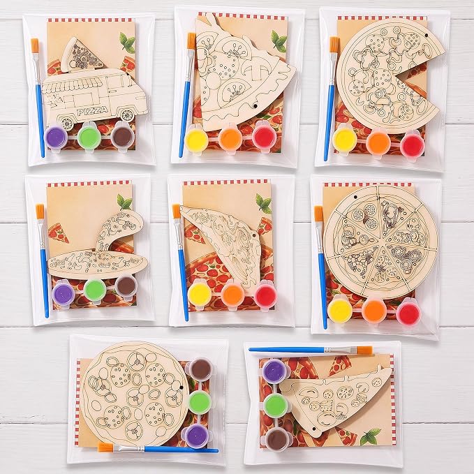 Saypacck 24 Pcs Party Favors Wooden Painting Craft Kits Birthday Party Supplies with Organza Bag for Goodie Bags Fillers Adult Thank You Gifts(Pizza)