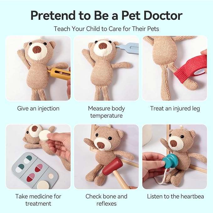 Macabaka Doctor Kit for Toddlers 3-5, Pet Vet Pretend Play Toys for Kids, with X-Ray, Wooden Light Box, Medical Tools, STEM Educational Montessori Toys