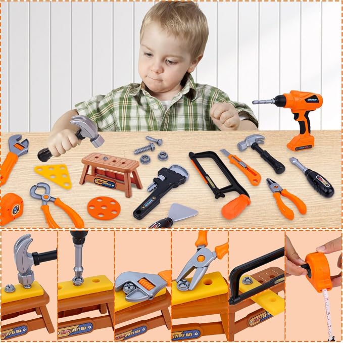 MAGIC4U 50PCS Kids Tool Set wtih Electric Drill, Safety Vest, Hat, Goggles | Pretend Play Construction Costume Toy, Tape Measure 12 Tool Equipements, Realistic sounds, Toddler Tool Box for Boy Girl