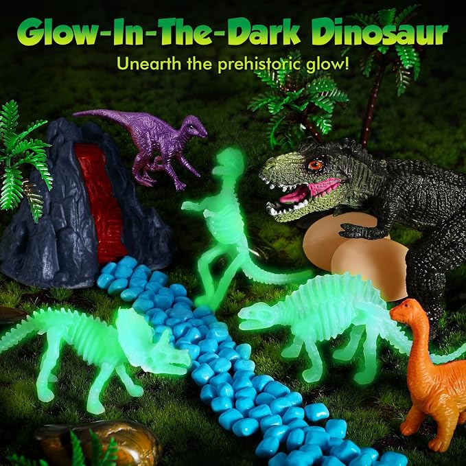 FRUSE Dinosaur Sensory Bin with Dinosaur Toys and 2.2lbs Play Sand for Kids | Play Sand Art Kit, Sandbox with Lid, Glow in the Dark Dinosaurs, Dino Magnifying Glass, Sand Toys, Learning Toys, Kids Gifts