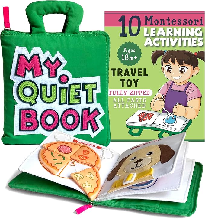 My Quiet Book, Toddler Plane Busy Board Book, All Parts Attached, Ages 2-4 | BAVY Montessori busy board, quiet book, car and airplane, 10 activities, ages 2 to 4, quiet time toy, birthday gift idea