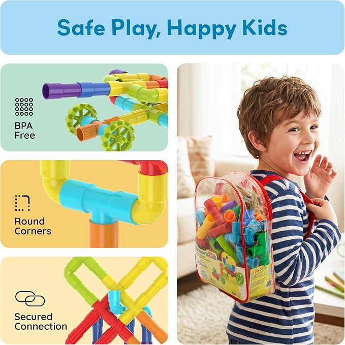 PicassoTiles 76PC STEM Pipe Building Interlocking Tube Construction Toy with Wheels and Storage Backpack Creative Educational Brain Development Learning Blocks for Kids Ages 3+ Boys and Girls PTT138