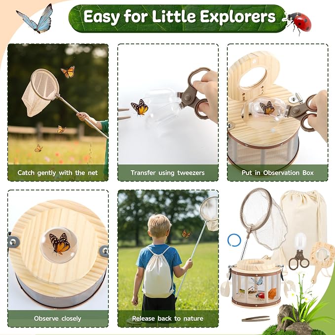 GAGAKU Wooden Bug Catcher Kit for Kids 4-8, Outdoor Explorer Set with Expandable Butterfly Net, Magnifying Glass, Tweezers, Educational Catching Toy for Backyard Camping, Gift for Boys Girls