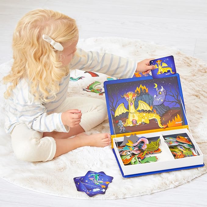 Janod - Magnéti'Book - Magnetic Game - Dragons - Purple | Cardboard Kids Toy - Develops Dexterity and Imagination - 63 Pieces - Ideal for Ages 3 and Up - Preschool Learning Activity