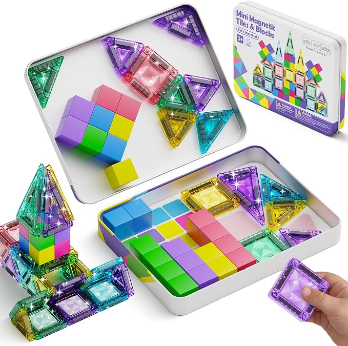 Magnetic Tiles Travel Toys Kids: 48PCS 3-in-1 Journey Blocks Set | Dual-Base Tin Holds 600+ Builds 120 Mins Focus 60s Cleanup - Quiet STEM Car Airplane Games for Toddlers Boys Girls Ages 3-8