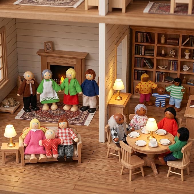 14 Pcs Wooden Dollhouse People Figures, Poseable Wooden Dolls for Girls and Toddlers, Multicultural Pretend Play Toy