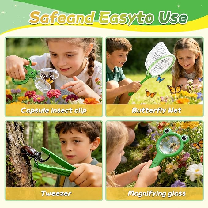 YongnKids 28 Pcs Bug Catcher for Kids with Butterfly Net for Kid Age 3 4-8 | Bug Catching Kit Outdoor Explorer Kit with Magnifying Glass Insect Catcher Tweezers, Insects & Insect Cognition Cards
