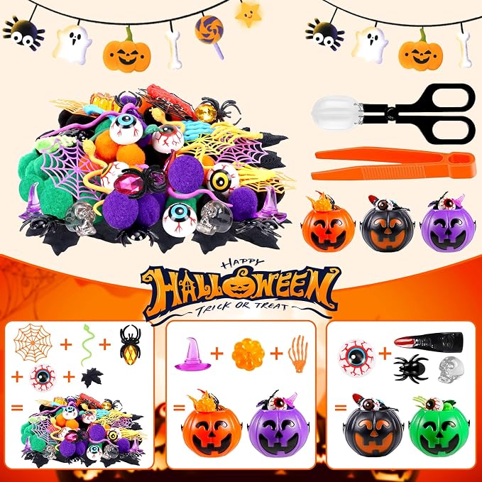 232Pcs Halloween Sensory Bin Filler Fine Motor Sensory Toys Include Cards Witch Finger Eyeball Bat Pumpkin Fillers for Counting Sorting Training