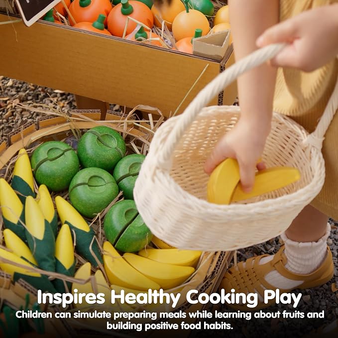 PlanToys® Wooden Fresh Produce Set Apples, Oranges & Bananas Sliceable Kids | slicing, fruit basket, pretend food, fruits and vegetables toys, girls, boys, fine motor role play imaginative social gift