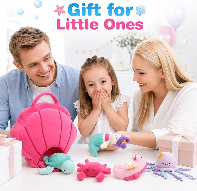 BenBen 5-Pack Ocean Stuffed Animal Set with Shell Carrying Bag | Sea Creature Stuffed Animals for Girls & Toddler, Plush Toys with Turtle, Octopus, Mermaid, Seahorse, Crab, Baby Shower