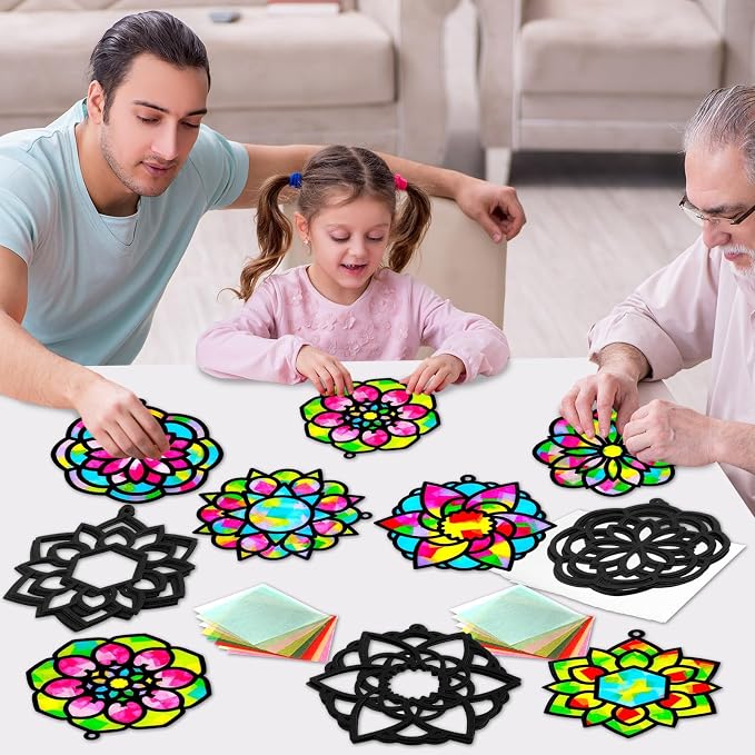 Qyeahkj 36 Set Mandala Suncatchers Crafts for Kids DIY Mandala Window Tissue Paper Craft Kit Art Flower Hanging Decor for Summer Home Activity Art Project Birthday Party Favor Gift