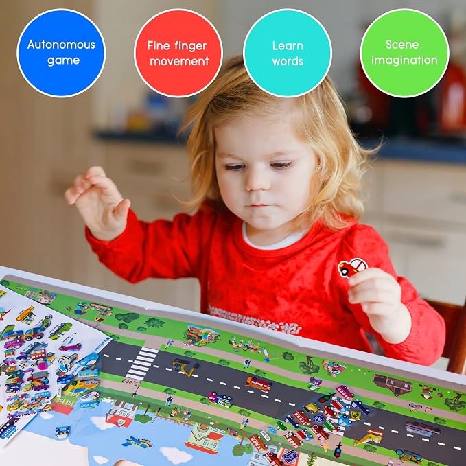 ASTARON 88 Pcs Vehicle Sticker Book for Toddlers, Reusable 3D Sticker Books Road Trip Activities Car Airplane Activities Travel Toys for Kids(2-6 Age) | 88 pcs Reusable Sticker,Waterproof Jelly Stickers, Portable Travel Toys,Educational Sensory Learnin...