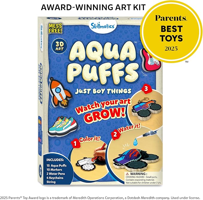 Skillmatics Aqua Puffs Just Boy Things, Art & Craft Kits, Paint by Number | DIY Puffy Keychains, Screen-Free, Mess-Free Activity Kit, Creative Gift for Girls & Boys Ages 4, 5, 6, 7, 8, 9, 10