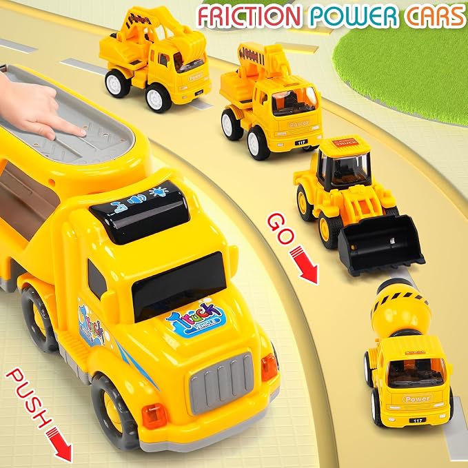 Veslier 9 in 1 Construction Truck Toys with Sounds and Lights in Carrier Truck, Push and Go Vehicles, Birthday Gift for Toddler Boys and Girls Ages 3 4 5 6 Years Old