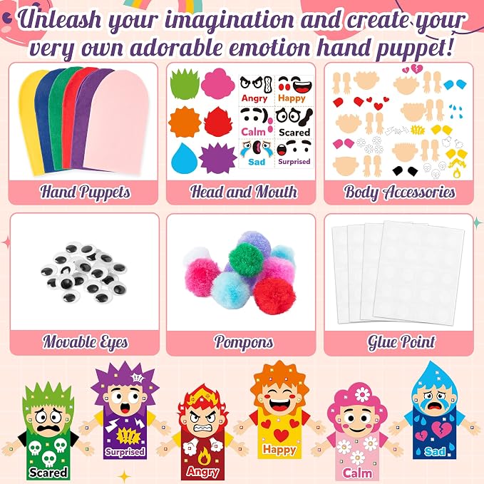 WATINC Hand Puppet Making Kit, Felt Sock Puppet Toys for Kids (Emotion) | 6 Styles, Make Your Own Storytelling & Role Play Crafts, Creative Group Activity, Party Favors & Gifts for Kids Ages 4-8