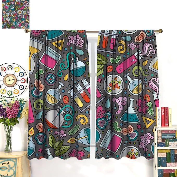 Science Physics Curtains, Abstract Math Chemistry Curtain Scientist Graffiti Print Window Treatments for Kids Teens Bedroom Living Room Set 2 Panels,42x45 Inches