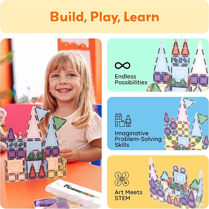 PicassoTiles 50PC Magnetic Tiles Travel Set Nano + Original Size Construction Building Block 2-in-1 Tile Collection with Tin Box Storage Case Montessori STEM Activity Learning Kit Kids Ages 3+ PN12
