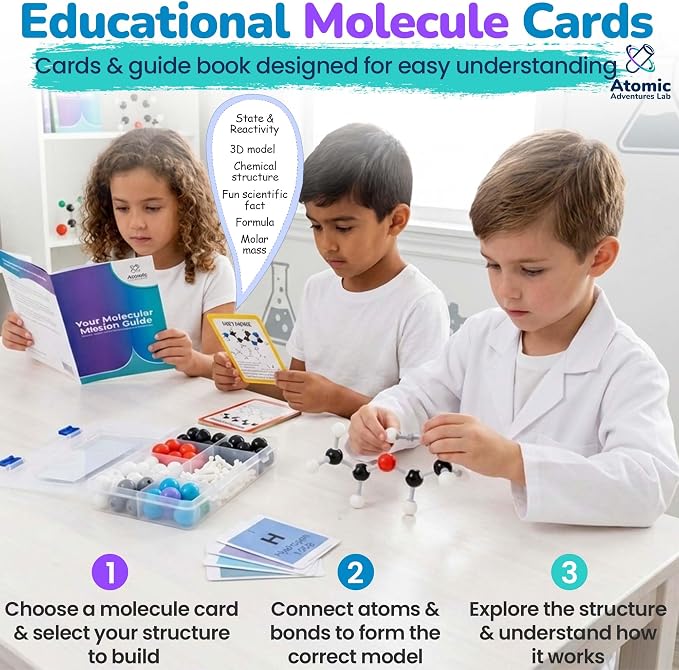 Educational Molecule Model Kit for Kids - Organic Chemistry Molecular Model Kit with Guide & STEM Learning Activity Cards for Teens & Adults to Build 3D Molecules, Atoms, Bonds