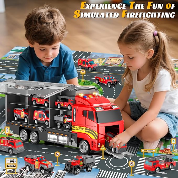 Toddler Toys for 3 4 5 6 Years Old Boys with Die-Cast Toy Cars & Play Mat | Fire Trucks for Toddlers 3-5 with Light and Sound,Friction Powered Truck fire Toy, Birthday & Christmas Gift for Boys & Girls