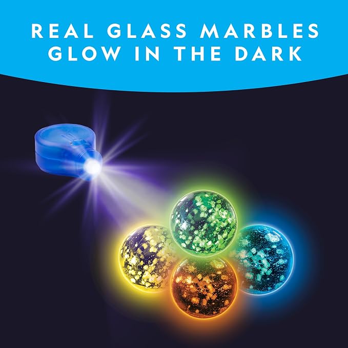 National Geographic Glow in the Dark Marble Run Refill with 25 Marbles | 25 Glow in the Dark Glass Marbles, UV Light, Storage Pouch, Marble Run Refill, Building Toy Expansion