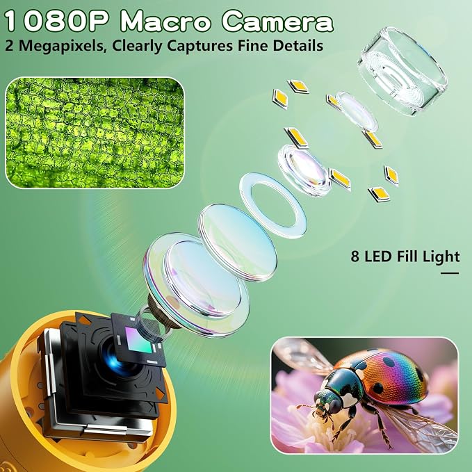 Odatay 1000X Digital Kids Microscope Kit with 12 Slides & 2" Screen, Orange | 1080P Imaging, Fit Ages 3-12, Standalone Pocket Science Edu Toys Gifts, Outdoor Backyard Bugs Exploring, Anti-drop Lanyard
