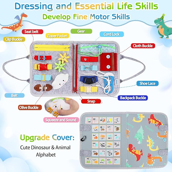 Esjay Busy Board Montessori Toys for Boys Girls, Sensory Book Educational Activities for Learning Fine Motor Skills, Birthday Gifts, Travel Toys for Airplane Car,Grey Multipages