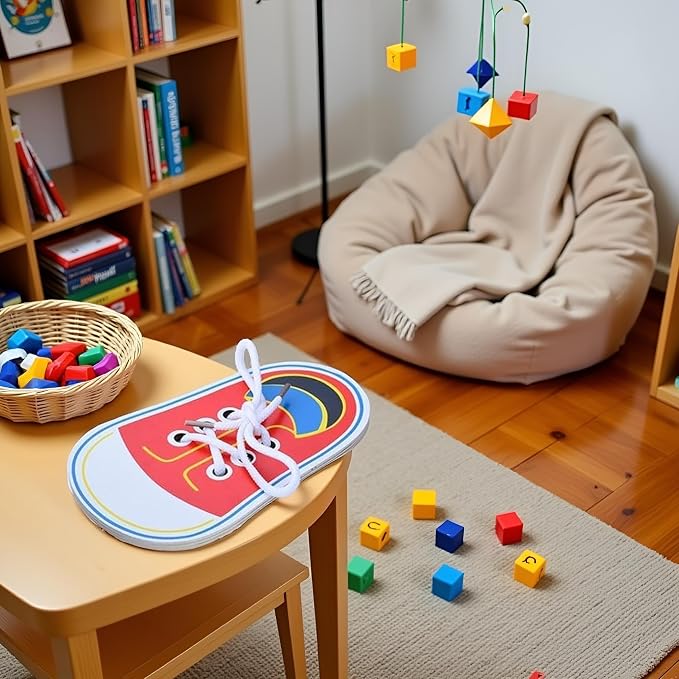 Red Wooden Shoe Tying Practice, Learn to Tie Your Own Shoes Threading Lacing Shoes Training Early Learning Kits, Threading Lacing Shoes Training Board Early Learning,Decorative Accessories