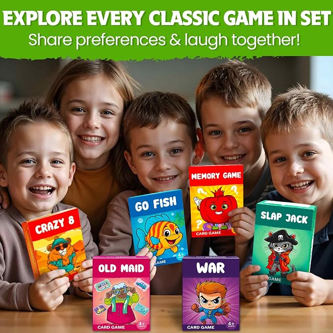 QUOKKA Card Games for Kids Ages 4–8, 6 Pack, Crazy 8, Go Fish, Old Maid, War, Slap Jack, Memory Match – Fun Family Games Playing Cards for Kids, Easy to Learn, Educational & Travel-Friendly Gift