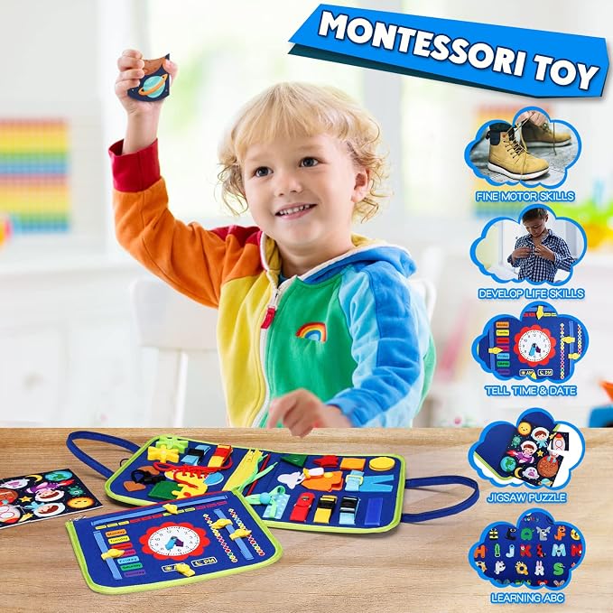 Busy Board Montessori Toy for 3-6 Year Old Toddlers - Educational Activity Developing Sensory Board for Fine Basic Dress Motor Skills - Travel Toys for Plane Car, Gift for Boys Girls