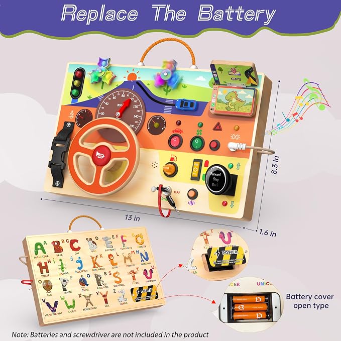 flycoost Busy Board Montessori Toys for Toddlers 1-3 with Steering Wheel | Wooden Lights Driving Activity Board Sensory Montessori Busy Board for 1+ Year Old, Toddler Learning & Travel Toy
