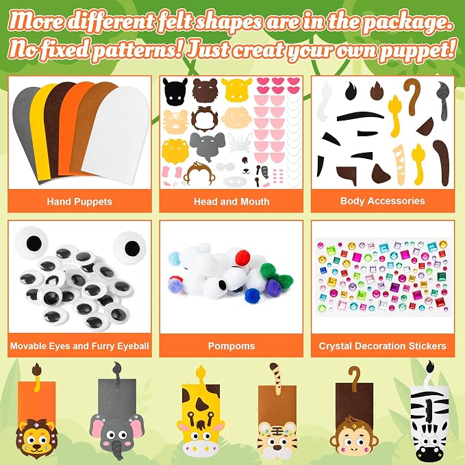 WATINC Hand Puppet Making Kit, Felt Sock Puppet Toys for Kids (Wild A) | 6 Styles, Make Your Own Storytelling & Role Play Crafts, Creative Group Activity, Party Favors & Gifts for Kids Ages 4-8