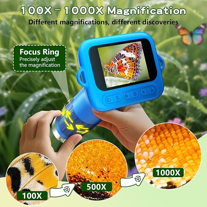 Odatay 1000X Digital Kids Microscope Kit with 12 Slides & 2" Screen, Blue | 1080P Imaging, Fit Ages 3-12, Standalone Pocket Science Edu Toys Gifts, Outdoor Backyard Bugs Exploring, Anti-drop Lanyard