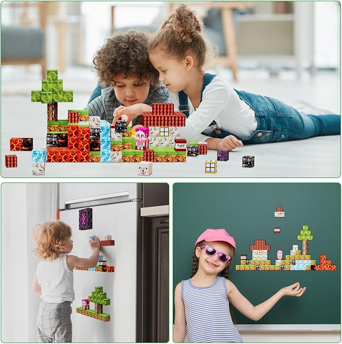 Petenjoy Magnetic Blocks Minecraft-Style Magnetic Building Blocks Cubes - 126PCS 1 inch Magnet Toys Set STEM Educational for Kids Ages 4-8 6-8 8-12 Year Old Boys Girls Birthday Christmas