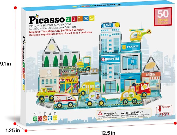 PicassoTiles Metro City Hospital Magnetic Tiles, STEM Building Set Ages 3+ | 8 vehicles and figures, illustrated road and rescue scenes, imaginative role play, screen-free learning for curious minds