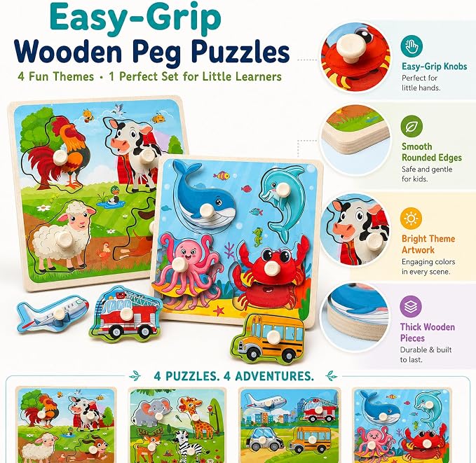 Wooden Peg Puzzle Set for Toddlers, 4 Pack Animal Vehicle Ocean Farm Puzzles, Montessori Wooden Puzzles for Ages 2-4, Preschool Learning Toys for Fine Motor Skills, Gifts for Boys Girls 1 2 3 4