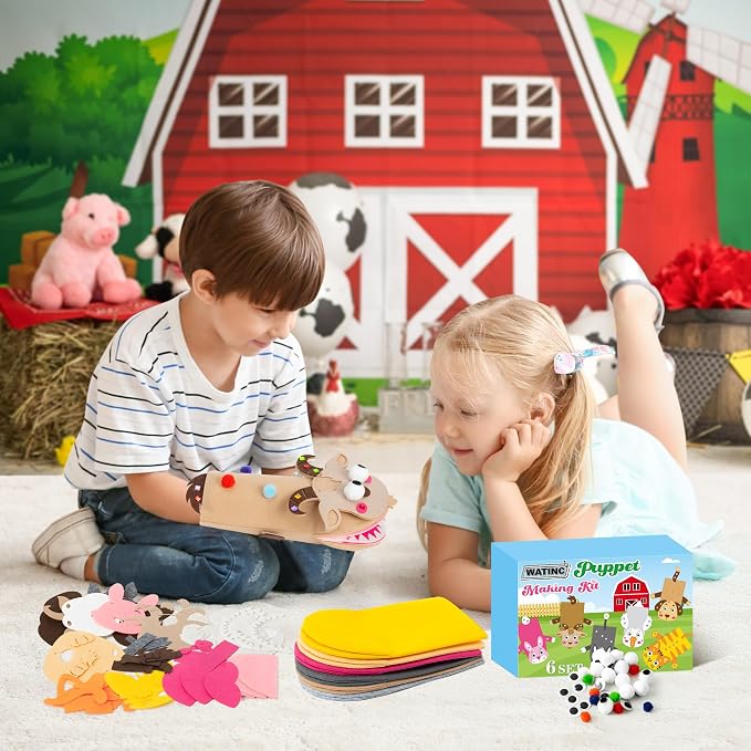 WATINC Hand Puppet Making Kit, Felt Sock Puppet Toys for Kids (Farm B) | 6 Styles, Make Your Own Storytelling & Role Play Crafts, Creative Group Activity, Party Favors & Gifts for Kids Ages 4-8