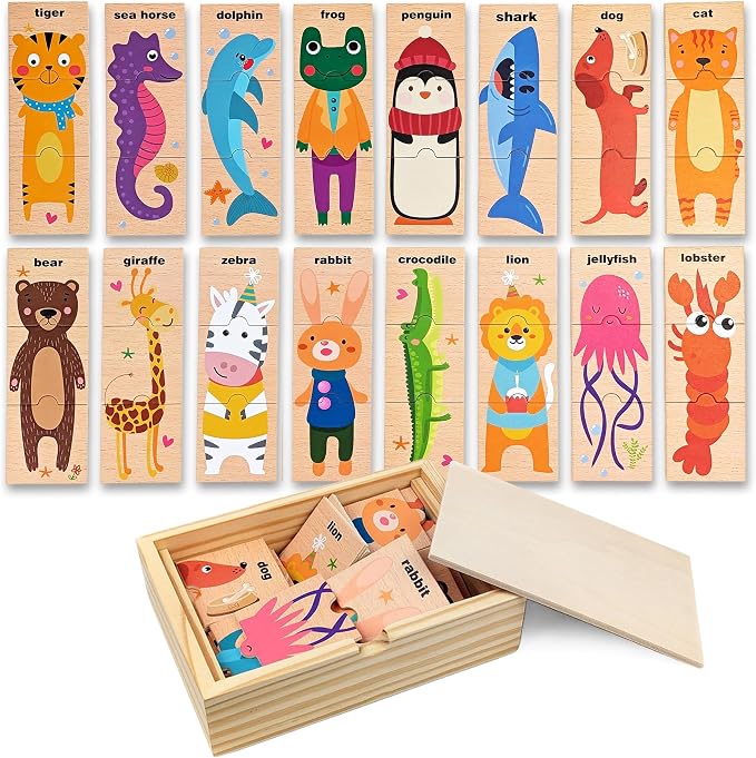 Montessori Wooden Animal Puzzle Toy Ages 3+, 48pc Matching Game with Box