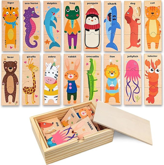 Montessori Wooden Animal Puzzle Toy Ages 3+, 48pc Matching Game with Box