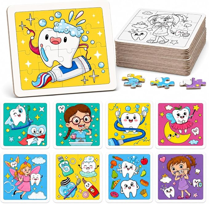 Cinrobiye 24 Pack Dental Coloring Activity Coloring Puzzle Set,Tooth Fairy Lost Tooth Puzzle Games with 12 Designs, Classroom Rewards, School Event Prizes, Dental Party Favors
