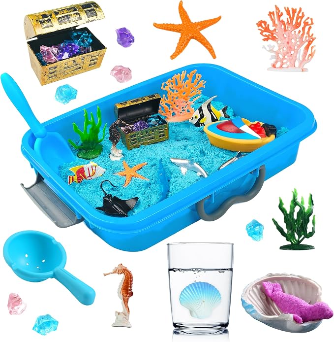 AGENTLAN Ocean Sensory Bin with Sensory Sand, Ocean Toys for Kids | Sand Kit with sea animals, Sea sand box sensory kit, Gift for toddlers ages 3+