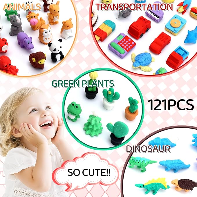 URSKYTOUS 121Pcs Animal Erasers Desk Pets for Kids Animal Pencil Erasers Bulk Puzzle Eraser Toys Gifts for Classroom Prizes,Game Reward,Treasure Box,Easter Egg Fillers,Goodie Bag Stuffer,Party Favors