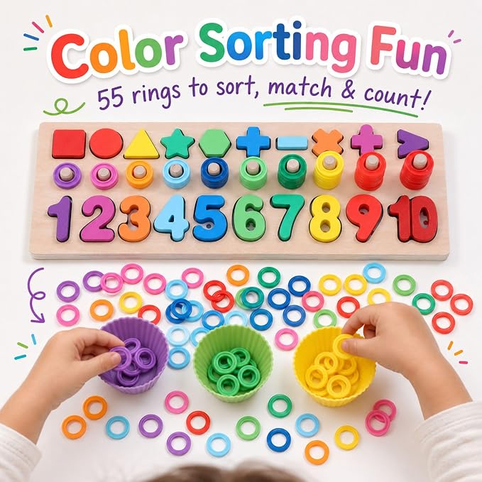 GeroCrew Wooden Montessori Toys for Kids Toddler Number Puzzles Sorter Counting Shape Stacker Stacking Game Preschool Toys for Boy Girl Learning Education Math Blocks Year Old Girl Gifts (Rainbow)