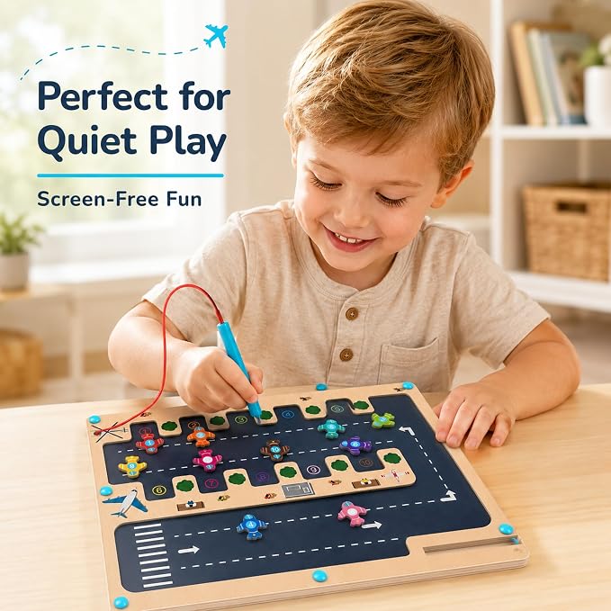 Magnetic Number Maze Toy for Toddlers Ages 3-5, Wooden Airport Parking Puzzle with Magnetic Pen, Montessori Counting & Number Matching Learning Toy, Fine Motor Skills Activity for Boys Girls 3 4 5