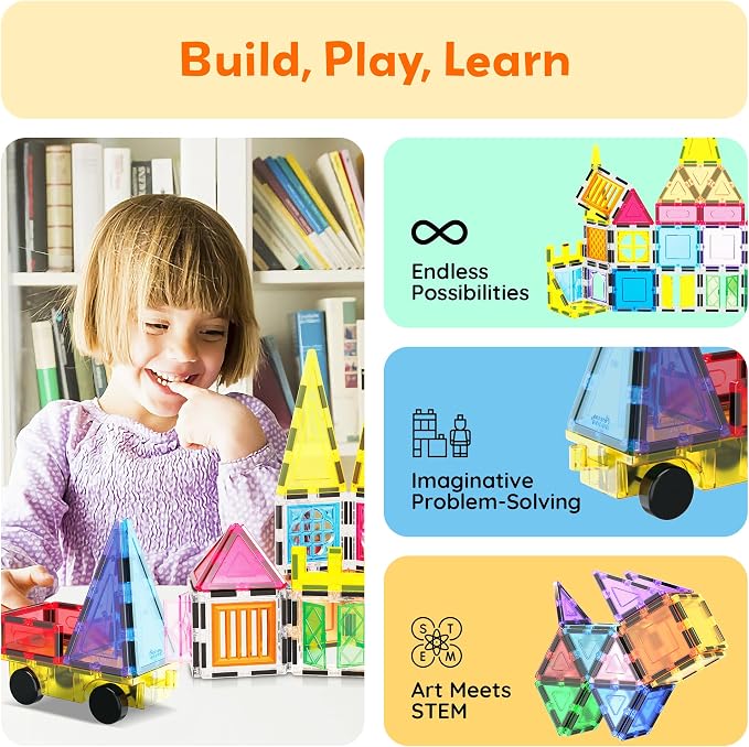 PicassoTiles 101 Piece Magnetic Tile Building Blocks Set with Durable Storage Bag STEM Educational Construction Magnet Toy Kit for Toddlers Preschool Kids Boys Girls Age 3 Plus Indoor Learning PT06