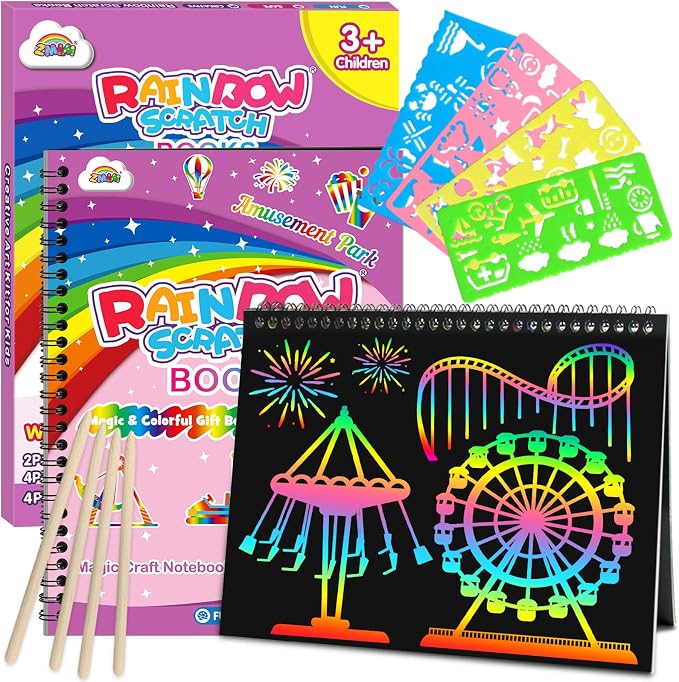 ZMLM Scratch Paper Art-Crafts Gift: 2 Pack Rainbow Notebooks Supplies Toys | Art Crafts for 3 4 5 6 7 8 9 10 11 12 Years Old Girls and Boys Kids Birthday Christmas Party Travel Games Activities