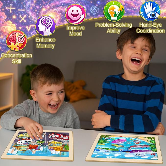 Wooden Puzzles for Kids Ages 4-6, 4 Pack 24 Pcs Toddler Puzzles Set for Ages 3-5, Educational Learning Toys Gift for Boys Girls 3 4 5 6 Year Old, Vehicle Transport Construction Car