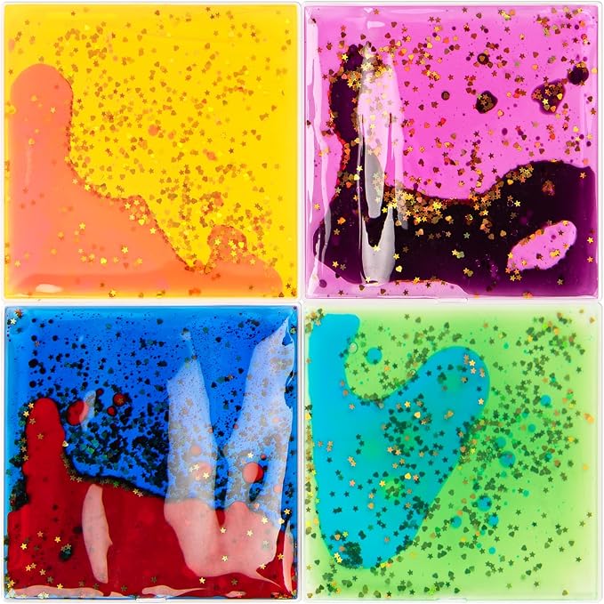 LONGKING 4-Pack 6"x 6" Liquid Tiles for Kids, Soft Gel Liquid Sensory Toys for Autistic Children, Sensory Mats, Sensory Toys for Toddlers 3-4 | Sensory floor tiles, soft liquid gel, 6"x6", color movement play mat, playroom classroom daycare, 4-pack