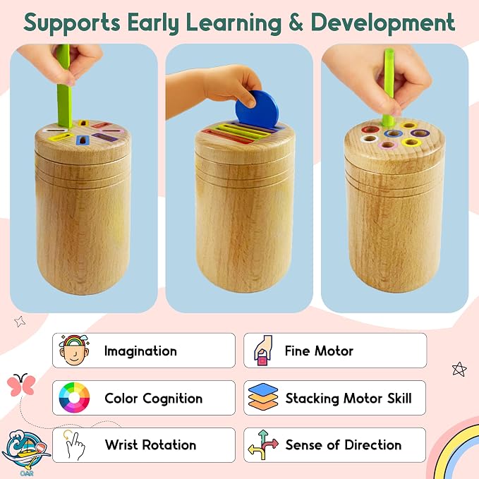 OAR Wooden Montessori Baby Toddler Toys 1-3, 3 in 1 Fine Motor Sensory Toy | Beech Wood Set: Color Sorting, Coin Drop And Cause-And-Effect Play; Builds Fine Motor Skills And Sensory Focus For Toddlers