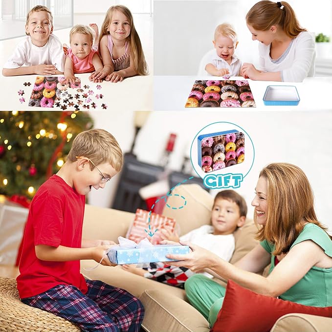 LELEMON 100 Pieces Donut Jigsaw Puzzle for Kids Ages 4-8 Sweet Colorful Donut Jigsaw Puzzles in a Metal Box Children Boys Girls Learning Educational Puzzles Toys